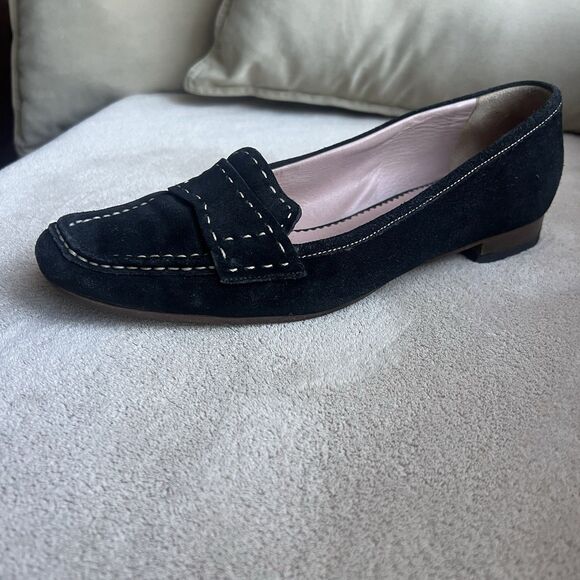 Prada Black Suede Cream White Stitching Loafer Flat Women EU 38 US 7.5-8 Classic - Picture 2 of 15